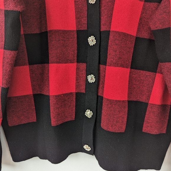 Tommy Bahama Red Buffalo Plaid Holiday Crystal Button Cardigan Sweater - Picture 4 of 8
